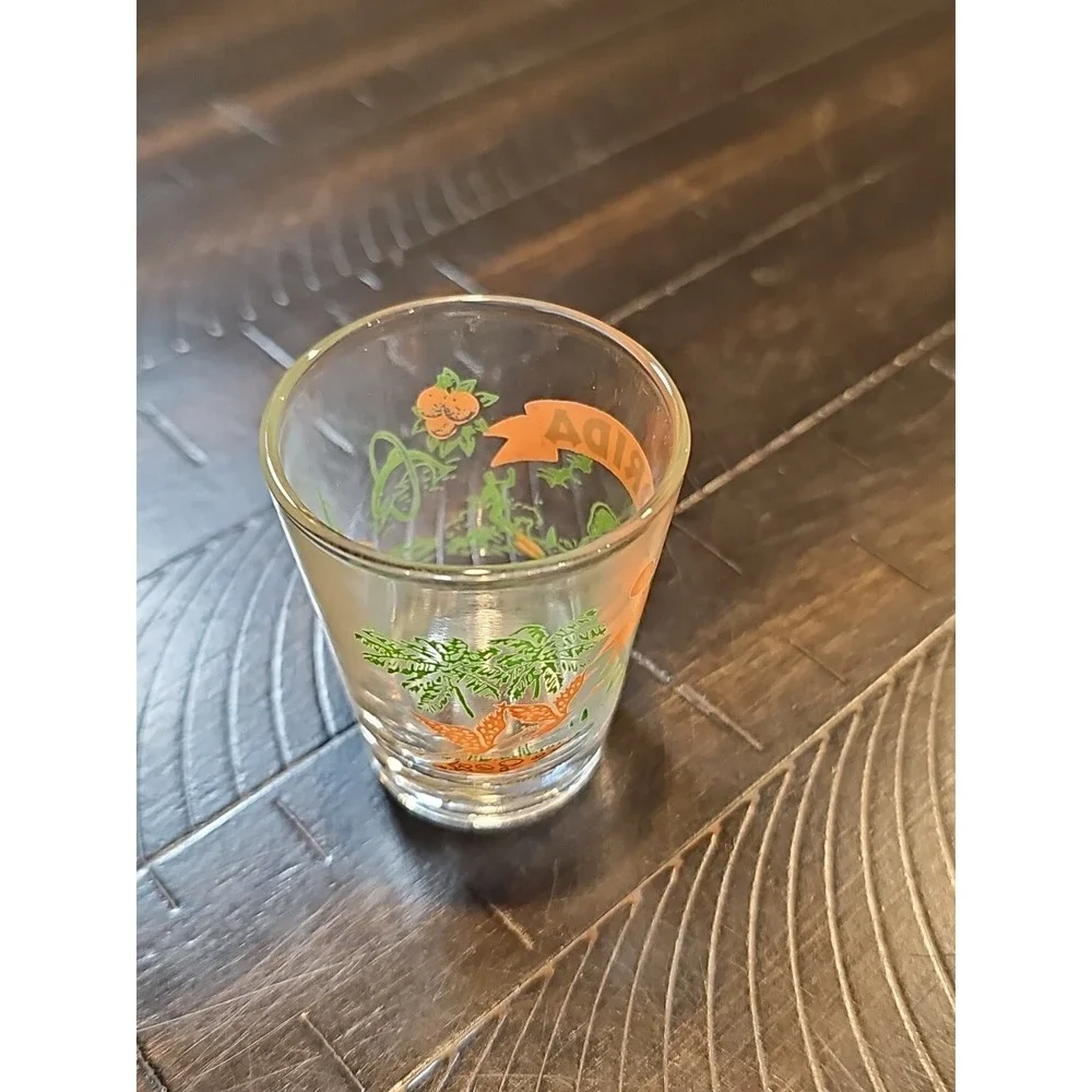 Vintage Florida Cold Shot Glass Orange Green Alligator Palms Late 70s Souvenir‎